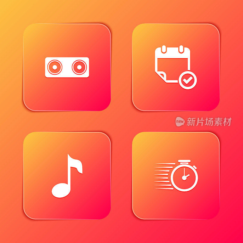 Set Stereo speaker, Calendar with check mark, Music note, tone and Stopwatch icon. Vector
